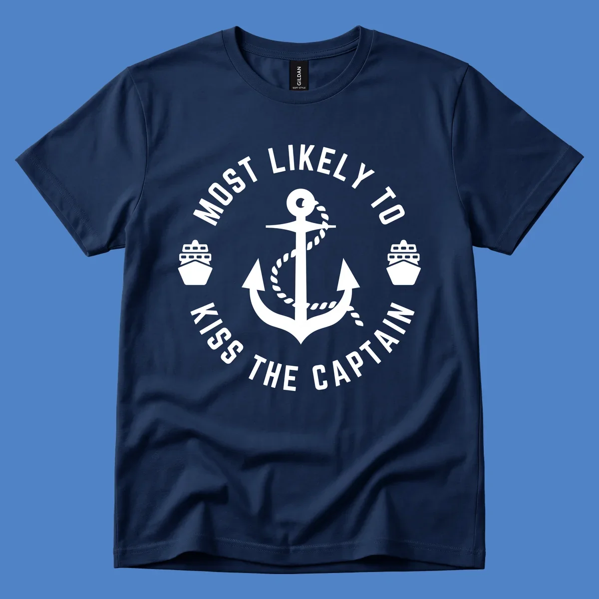 Nautical badge with anchor and cruise ships showing 'Most Likely To Kiss The Captain Ahoy' text