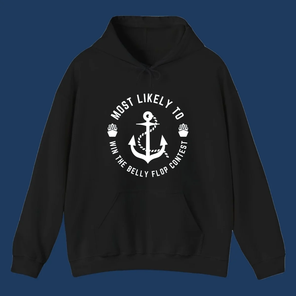 Nautical badge design with anchor, rope, and cruise ships featuring 'Most Likely To Win The Belly Flop Contest' text