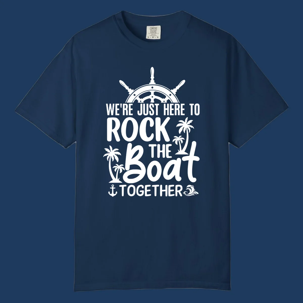 Rock the boat cruise design with ship's wheel, palm trees, and anchor on gray background