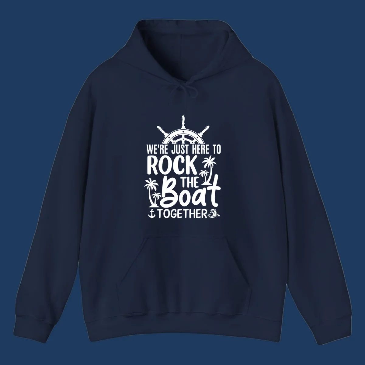 Rock the boat cruise design with ship's wheel, palm trees, and anchor on gray background