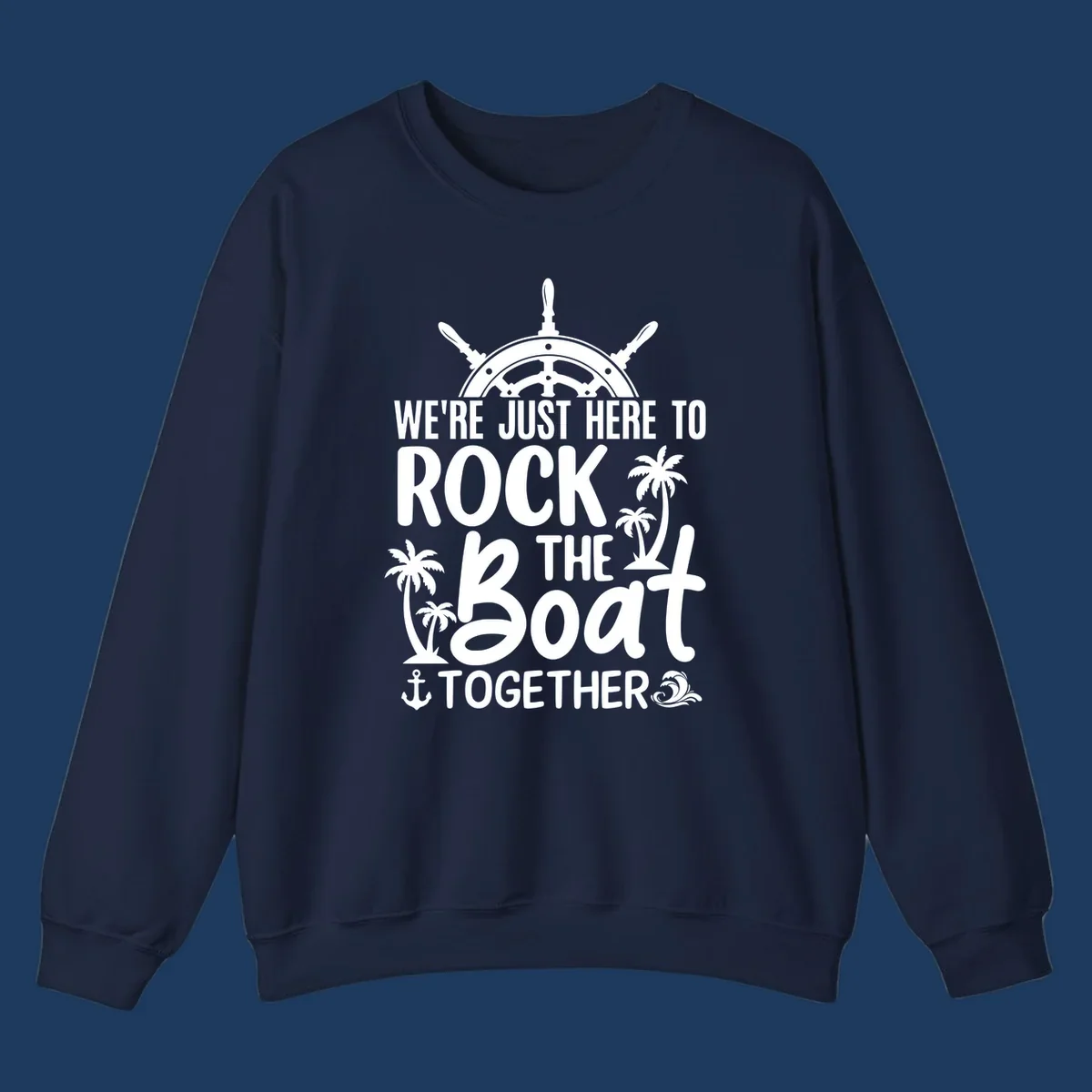Rock the boat cruise design with ship's wheel, palm trees, and anchor on gray background