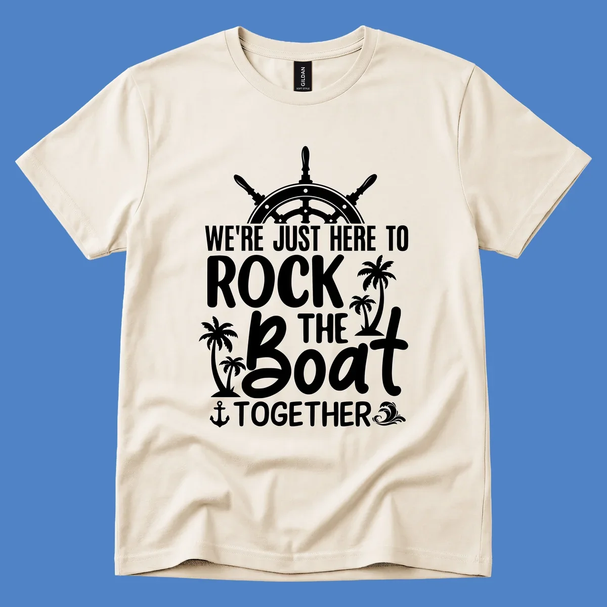 Rock the boat cruise design with ship's wheel, palm trees, and anchor on gray background