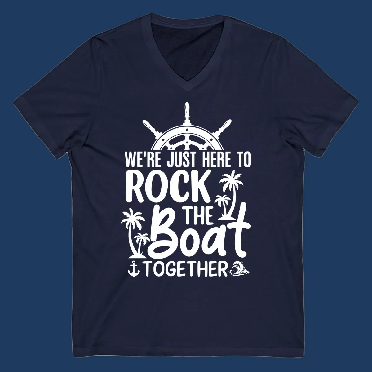 Rock the boat cruise design with ship's wheel, palm trees, and anchor on gray background