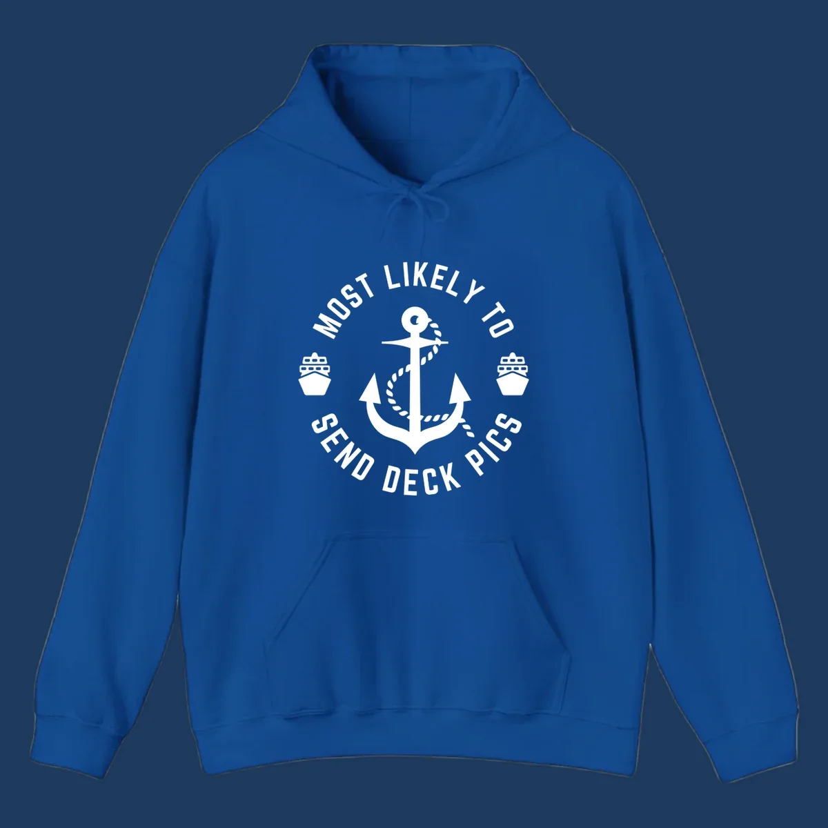 Circular nautical badge with anchor and cruise ships, text reading most likely to send deck pics