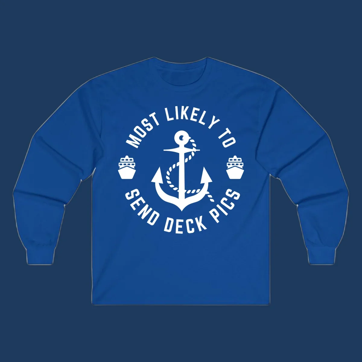 Circular nautical badge with anchor and cruise ships, text reading most likely to send deck pics