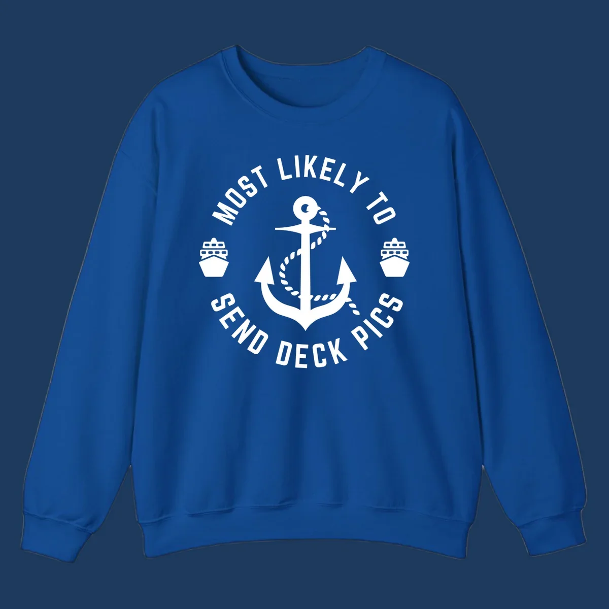Circular nautical badge with anchor and cruise ships, text reading most likely to send deck pics