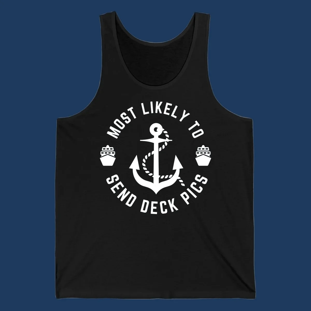 Circular nautical badge with anchor and cruise ships, text reading most likely to send deck pics