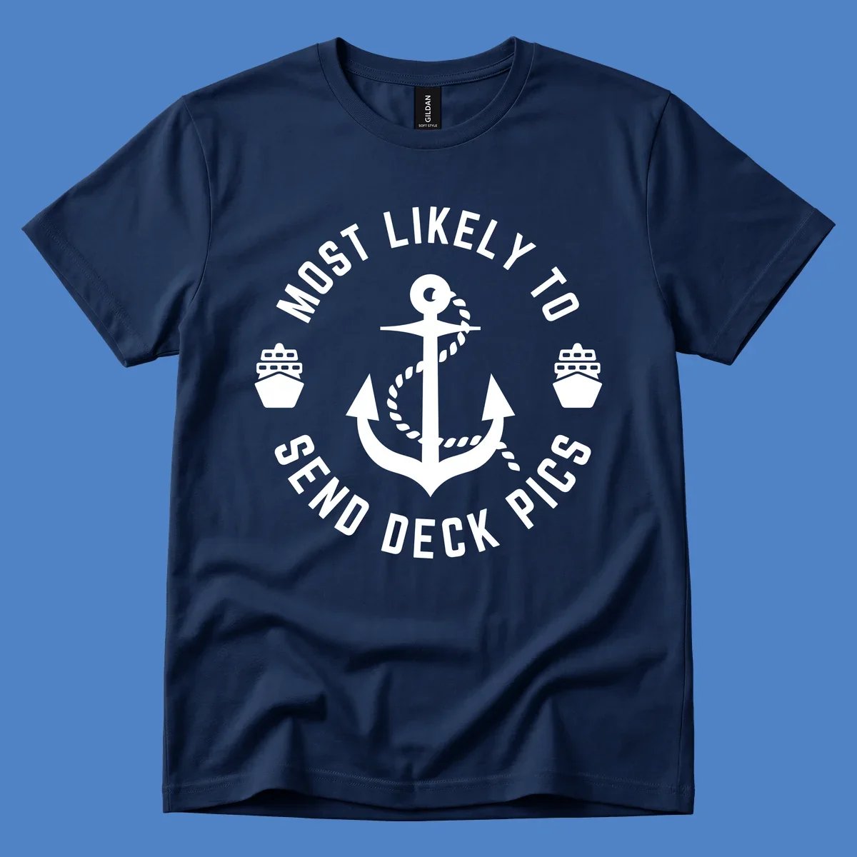 Circular nautical badge with anchor and cruise ships, text reading most likely to send deck pics