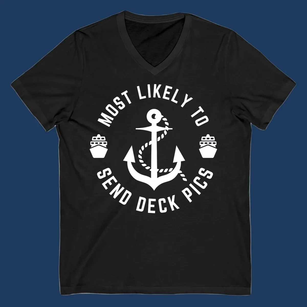 Circular nautical badge with anchor and cruise ships, text reading most likely to send deck pics