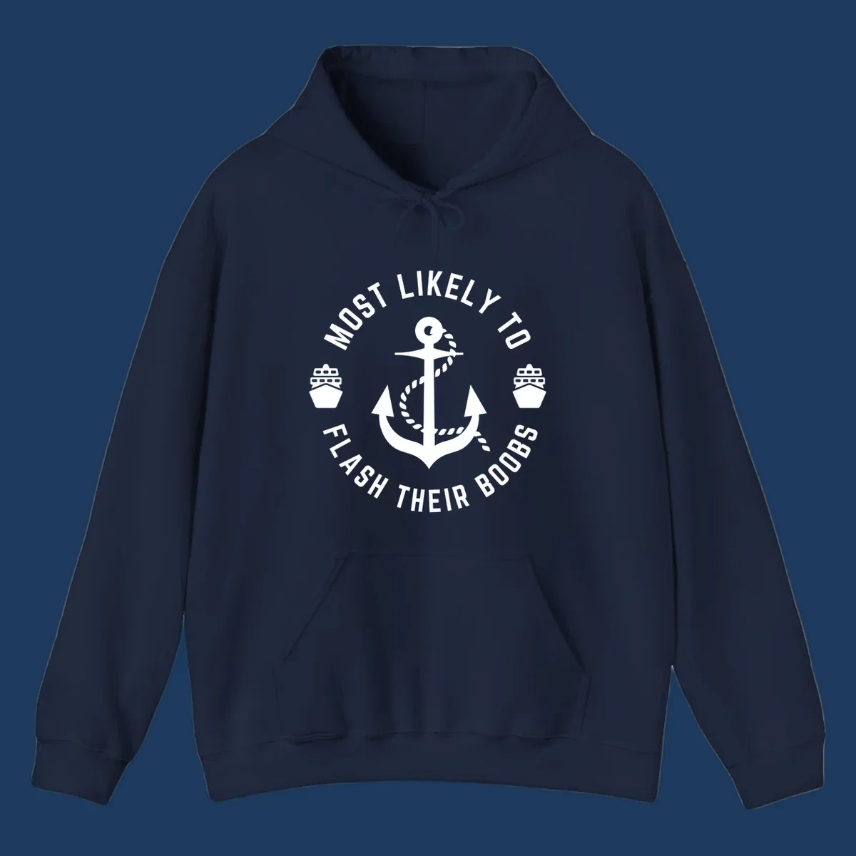 Nautical badge with anchor, rope, cruise ships, and 'Most Likely To Flash Their Boobs' text