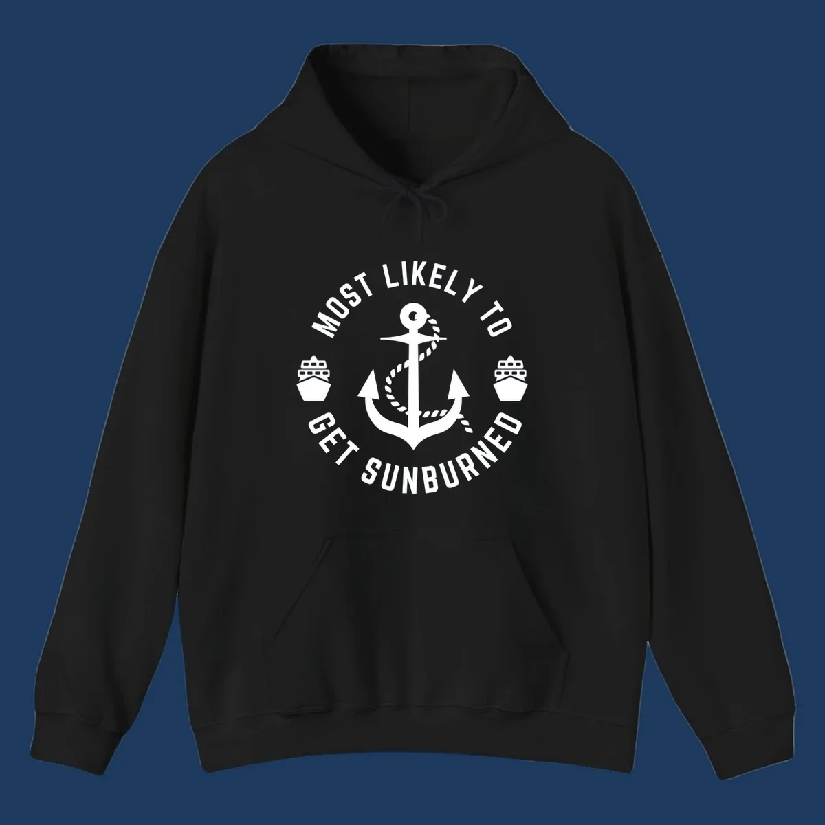 White anchor with rope and cruise ships on gray background with circular text reading 'Most Likely To Get Sunburned'