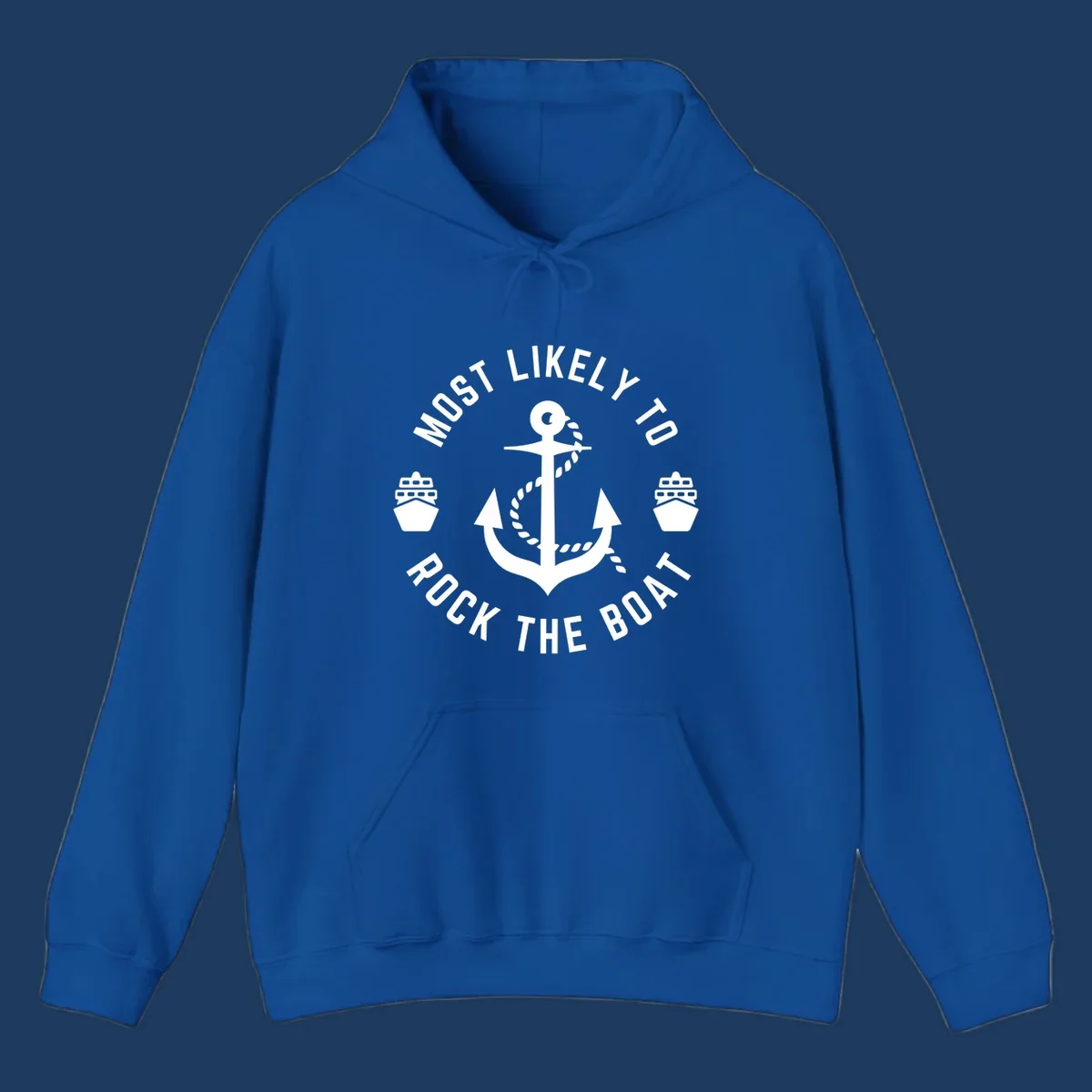 Circular badge design with anchor and rope in center, two cruise ships on sides, 'Most Likely To Rock The Boat' text in circle