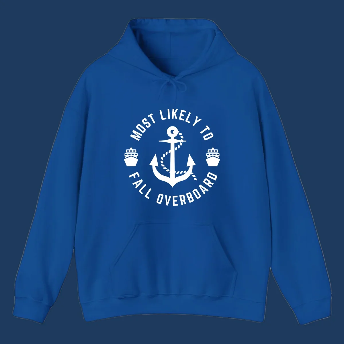 Circular badge with anchor and rope design, text reads 'Most Likely to Fall Overboard' with ship icons