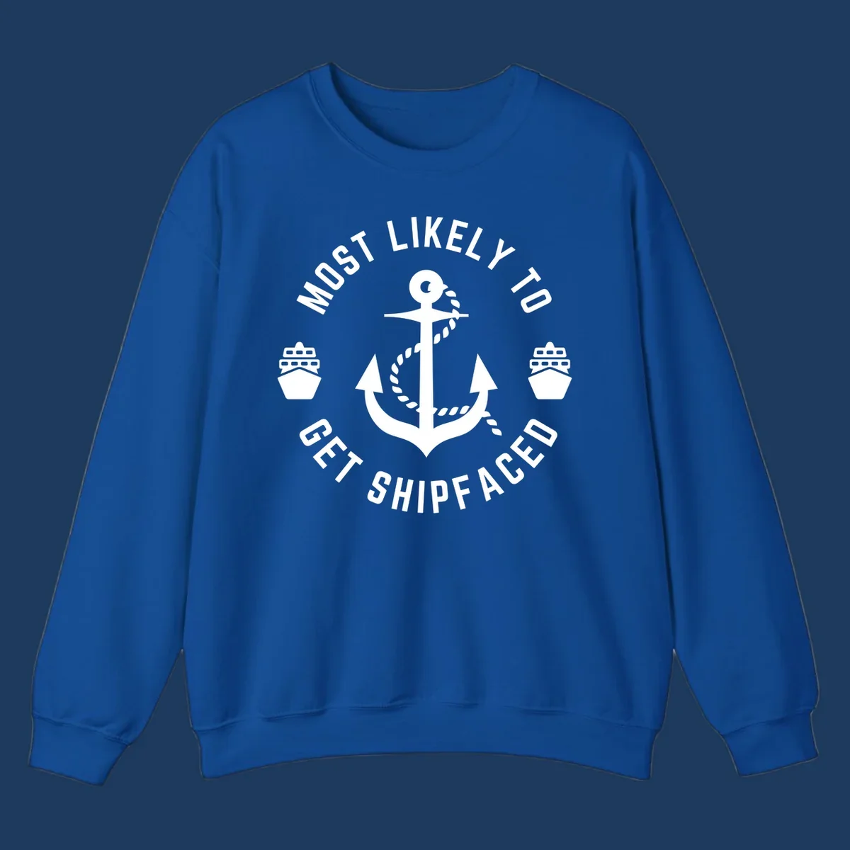 Nautical badge with anchor and ship bows reading 'Most Likely To Get Shipfaced' - a funny cruise-themed design