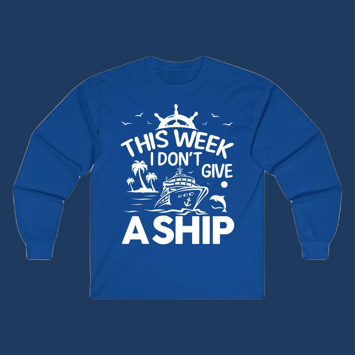 Nautical design with cruise ship, palm trees, and seagulls illustrating 'This Week I Don't Give A Ship' cruise humor