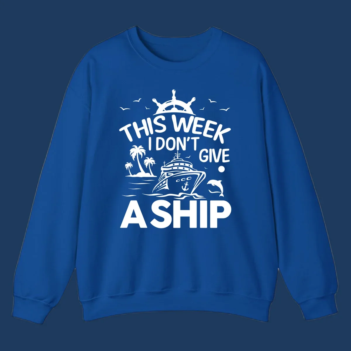 Nautical design with cruise ship, palm trees, and seagulls illustrating 'This Week I Don't Give A Ship' cruise humor