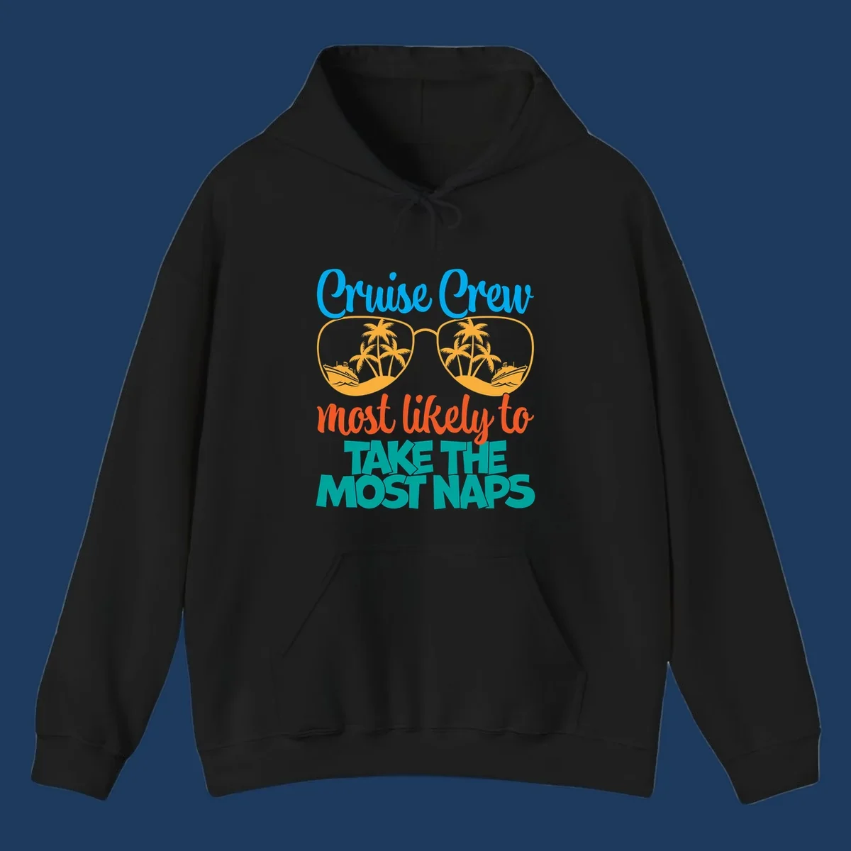 Cruise crew nap humor design with sunglasses containing palm trees and ships, text reads most likely to take the most naps