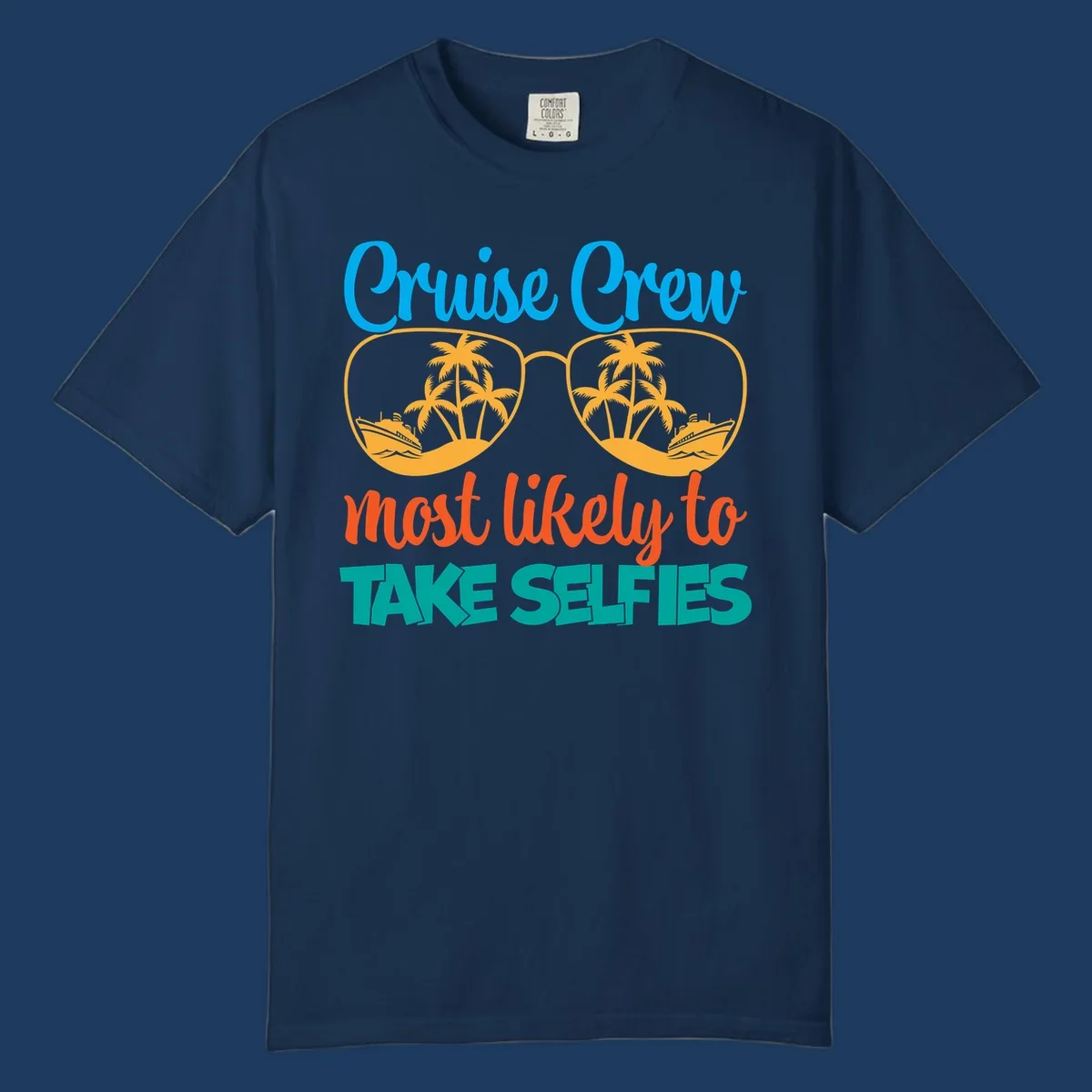 Cruise crew most likely to take selfies design with tropical sunglasses containing palm trees and ships