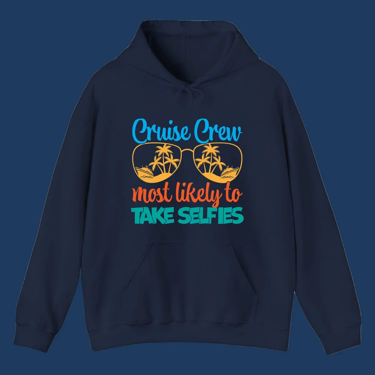 Cruise crew most likely to take selfies design with tropical sunglasses containing palm trees and ships