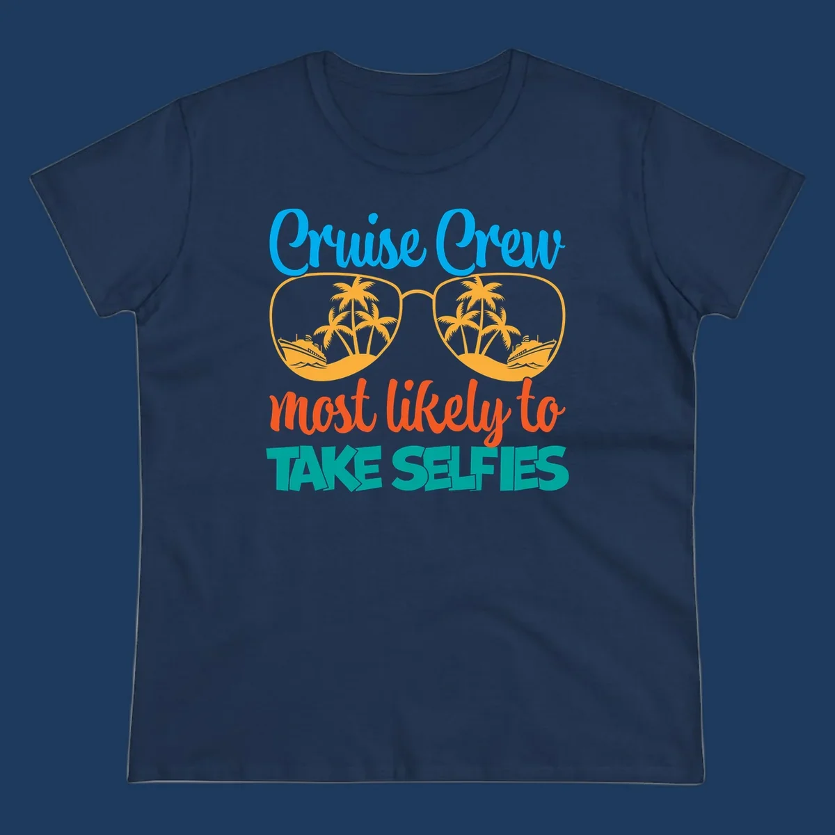 Cruise crew most likely to take selfies design with tropical sunglasses containing palm trees and ships