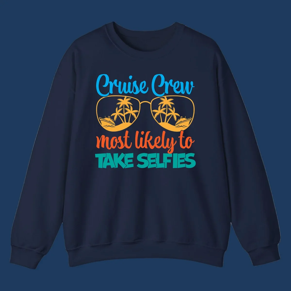 Cruise crew most likely to take selfies design with tropical sunglasses containing palm trees and ships
