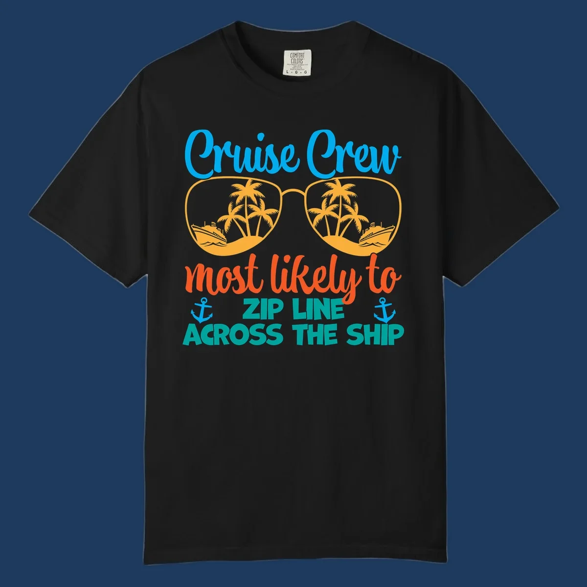 Cruise crew zip line design featuring sunglasses with tropical islands and ships, playful nautical text and anchors on gray background