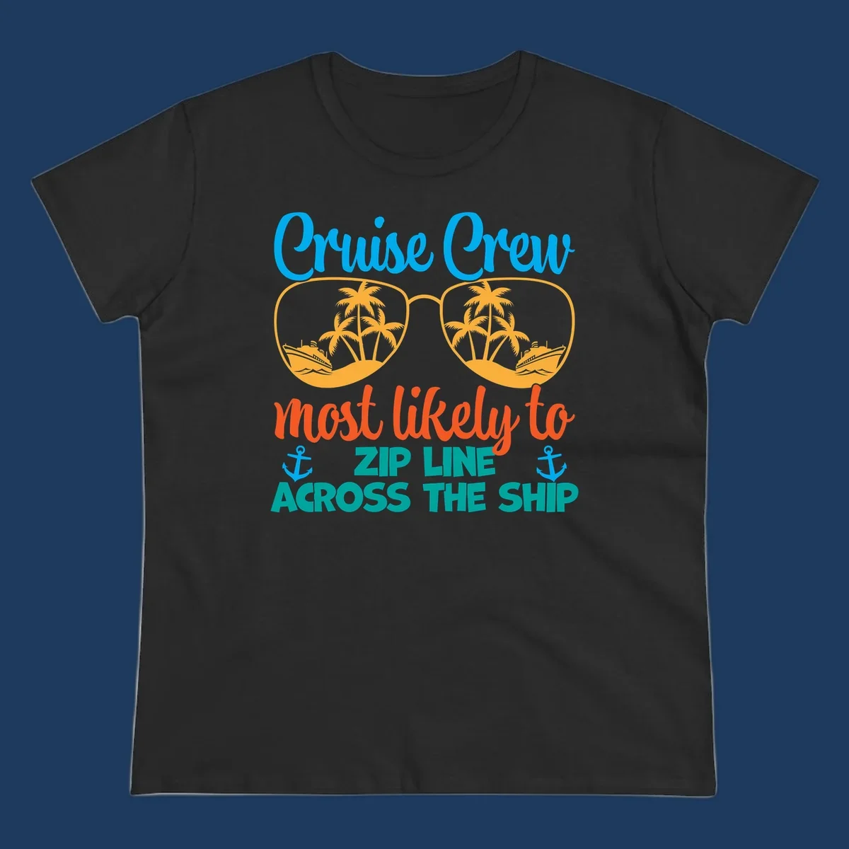 Cruise crew zip line design featuring sunglasses with tropical islands and ships, playful nautical text and anchors on gray background