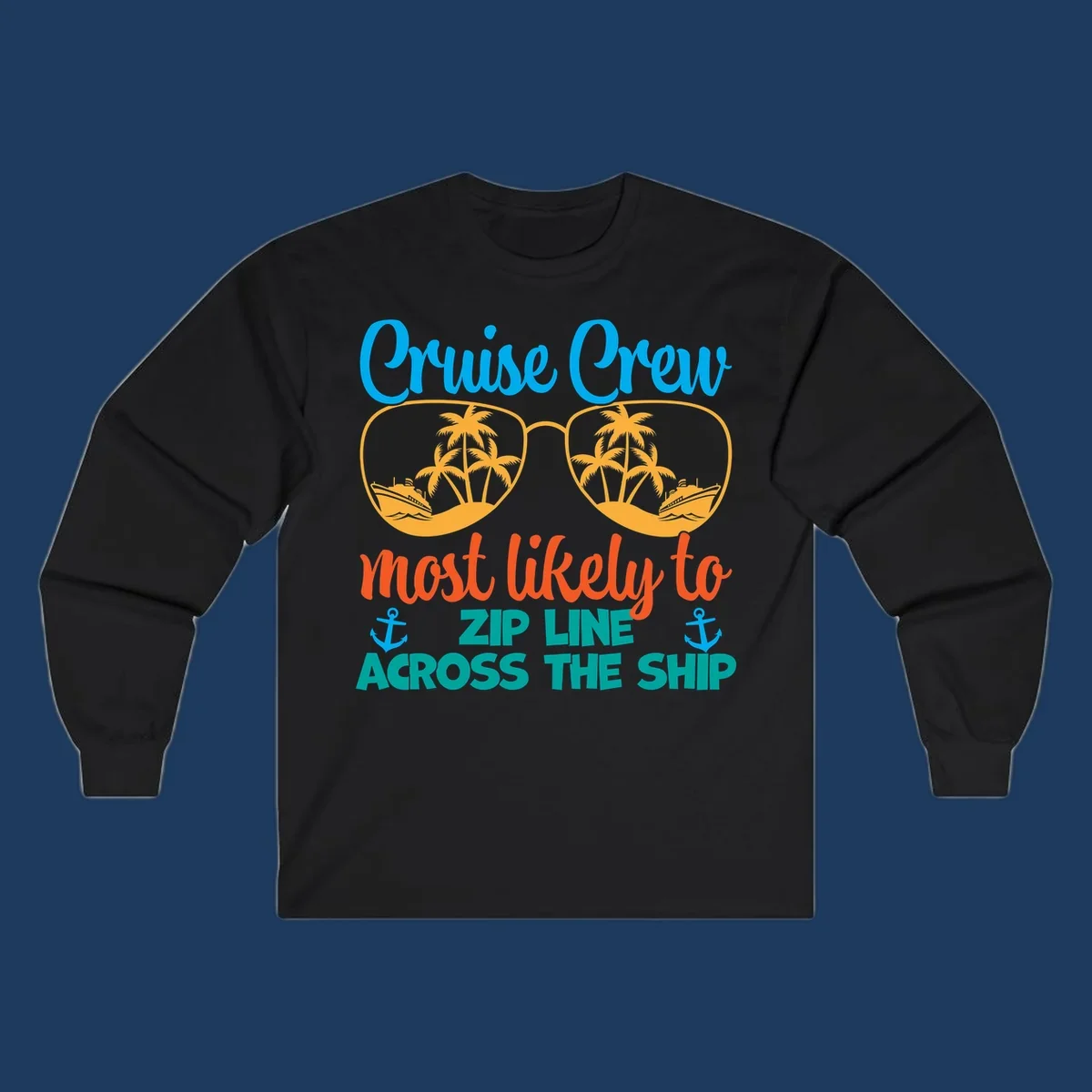 Cruise crew zip line design featuring sunglasses with tropical islands and ships, playful nautical text and anchors on gray background