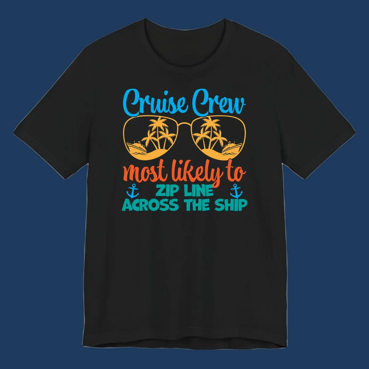 Cruise crew zip line design featuring sunglasses with tropical islands and ships, playful nautical text and anchors on gray background