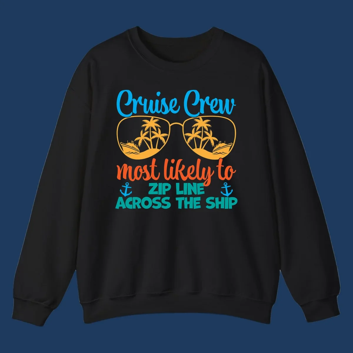Cruise crew zip line design featuring sunglasses with tropical islands and ships, playful nautical text and anchors on gray background