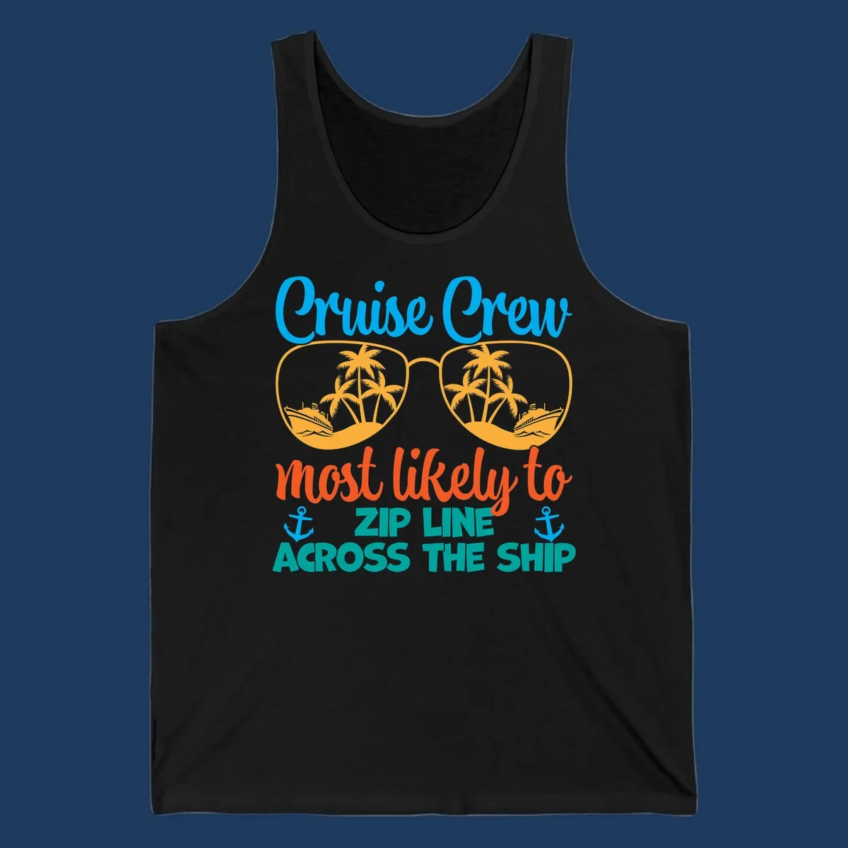 Cruise crew zip line design featuring sunglasses with tropical islands and ships, playful nautical text and anchors on gray background