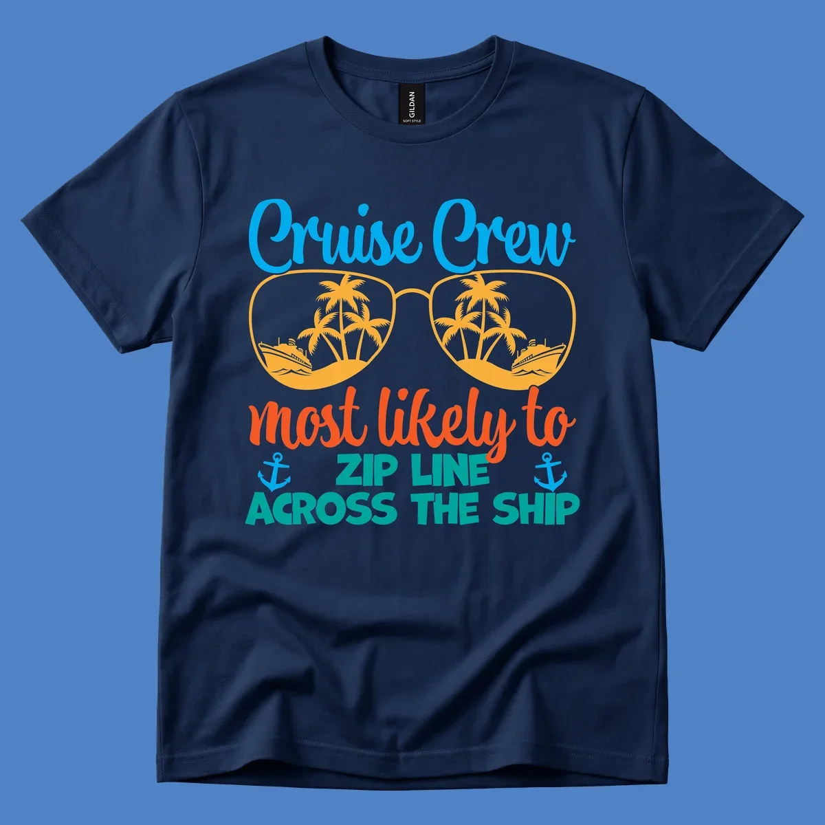 Cruise crew zip line design featuring sunglasses with tropical islands and ships, playful nautical text and anchors on gray background