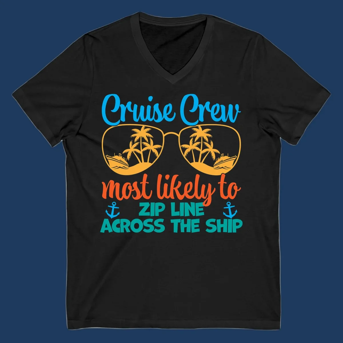 Cruise crew zip line design featuring sunglasses with tropical islands and ships, playful nautical text and anchors on gray background