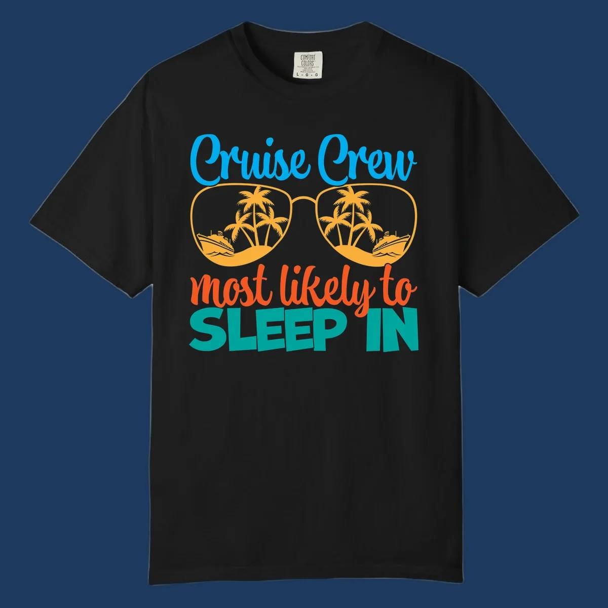 Cruise crew most likely to sleep in design with sunglasses containing palm trees and ships
