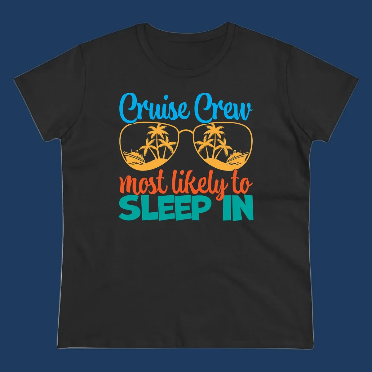 Cruise crew most likely to sleep in design with sunglasses containing palm trees and ships
