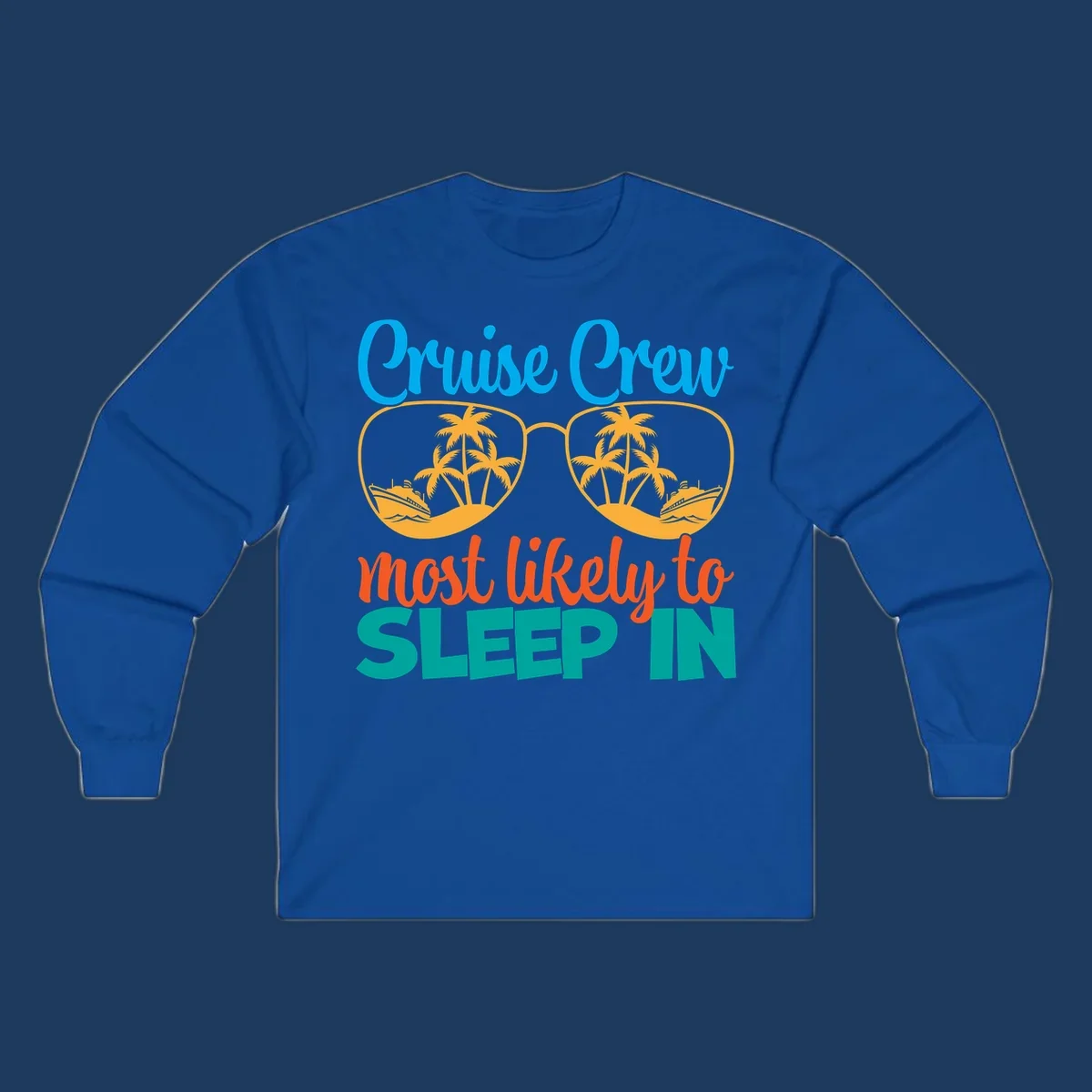 Cruise crew most likely to sleep in design with sunglasses containing palm trees and ships