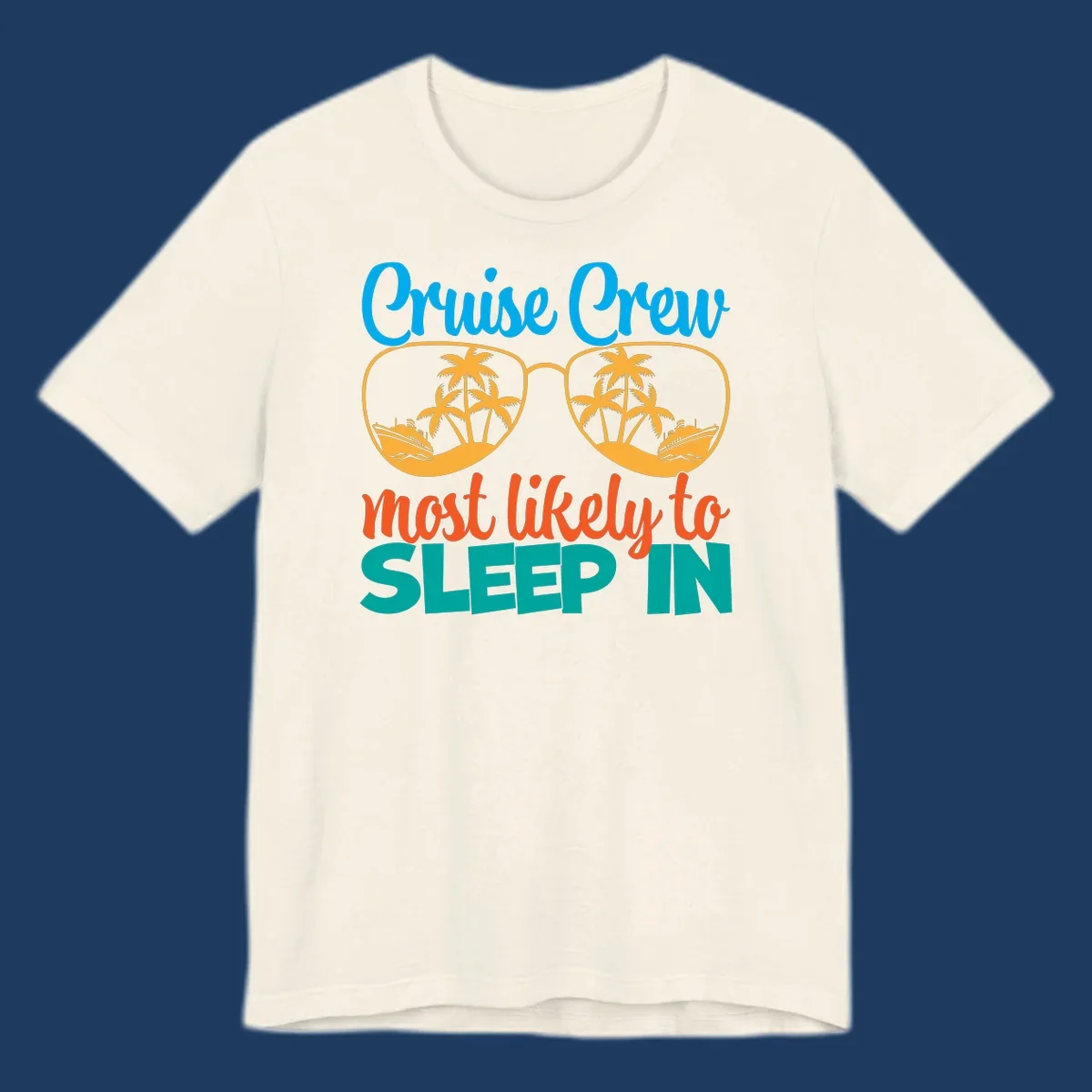 Cruise crew most likely to sleep in design with sunglasses containing palm trees and ships