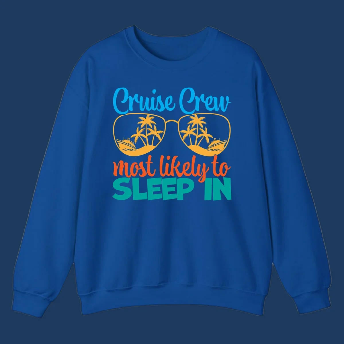 Cruise crew most likely to sleep in design with sunglasses containing palm trees and ships