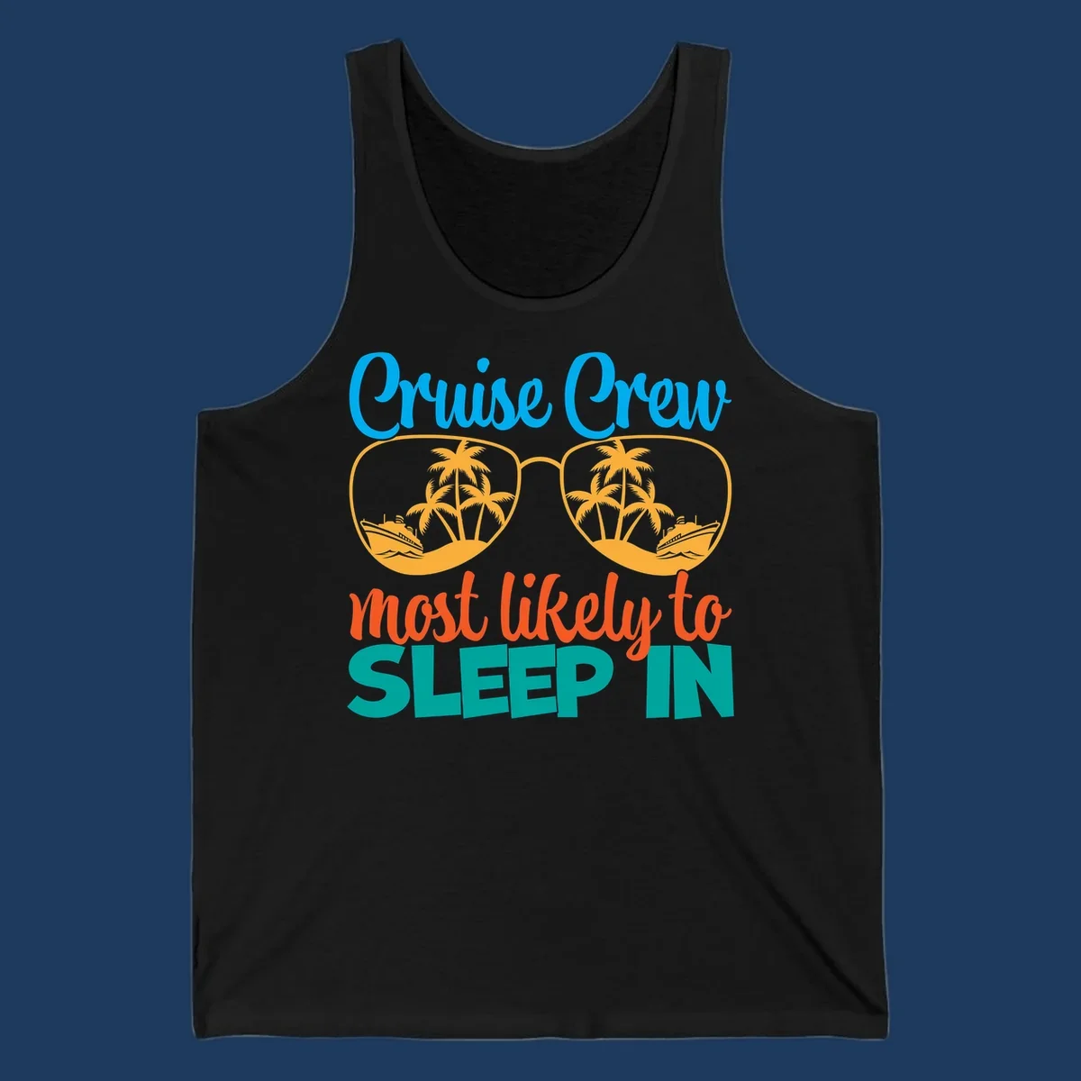 Cruise crew most likely to sleep in design with sunglasses containing palm trees and ships