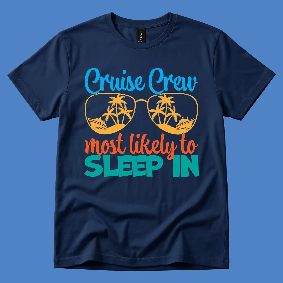 Cruise crew most likely to sleep in design with sunglasses containing palm trees and ships