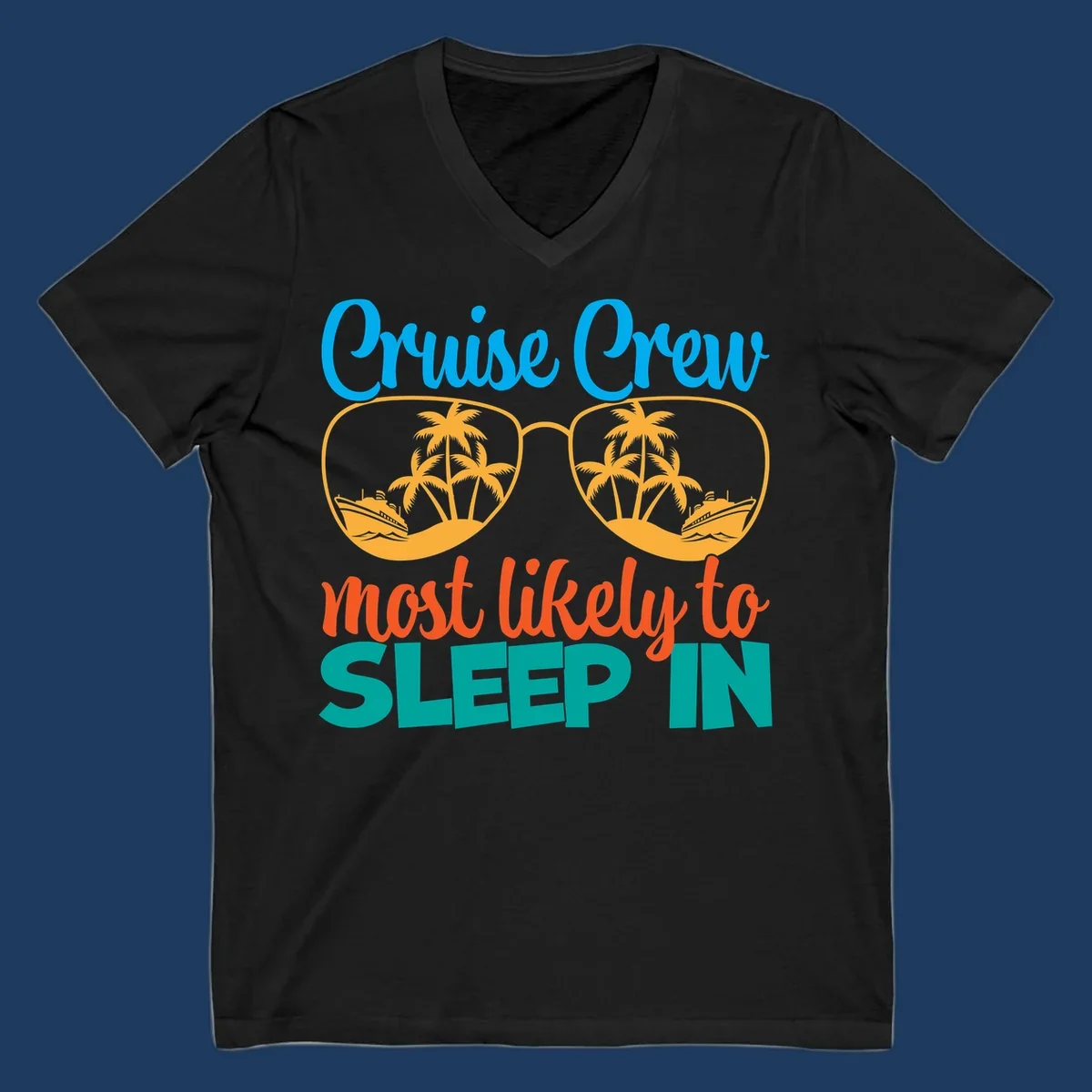 Cruise crew most likely to sleep in design with sunglasses containing palm trees and ships
