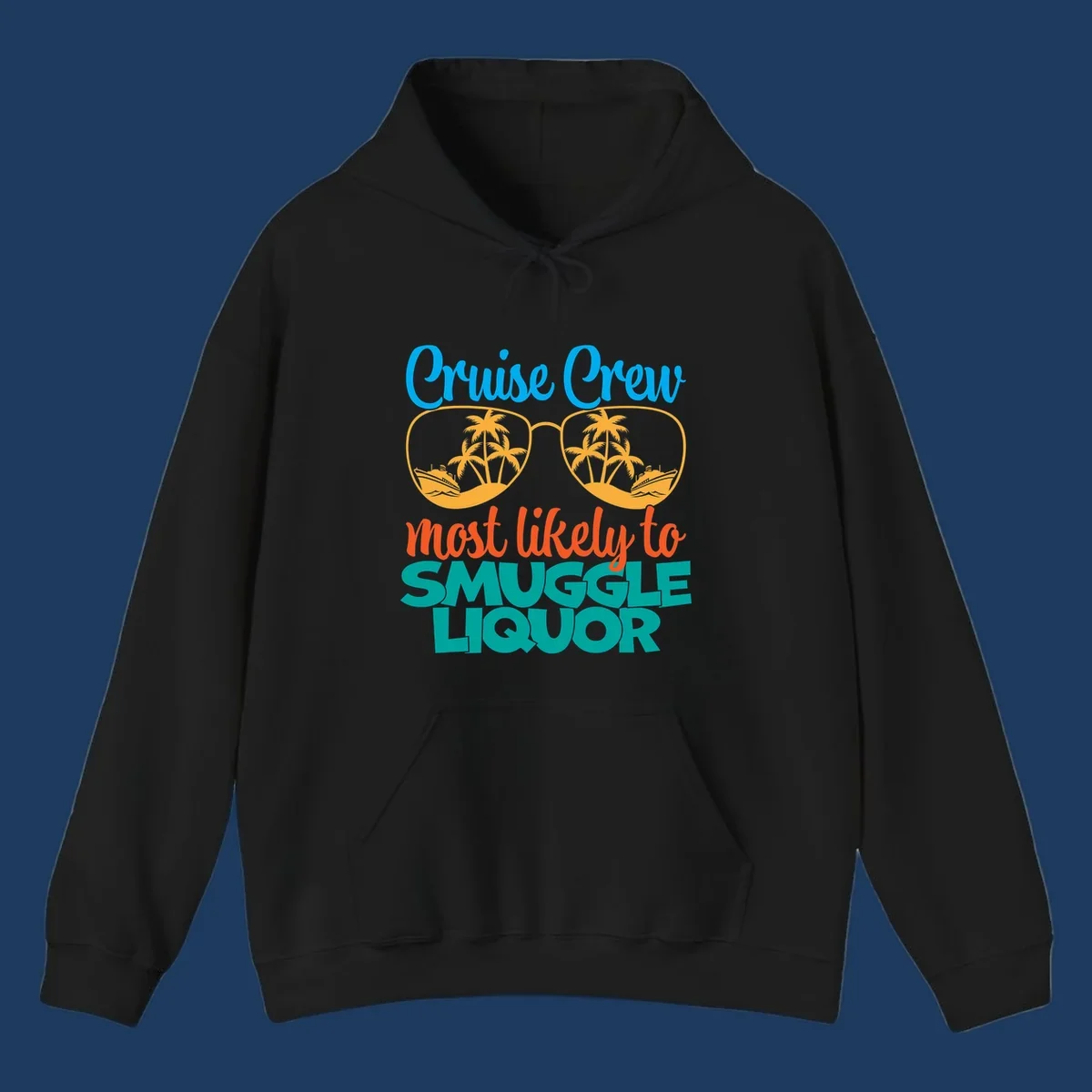 Cruise crew most likely to smuggle liquor design with sunglasses, palm trees, and ships