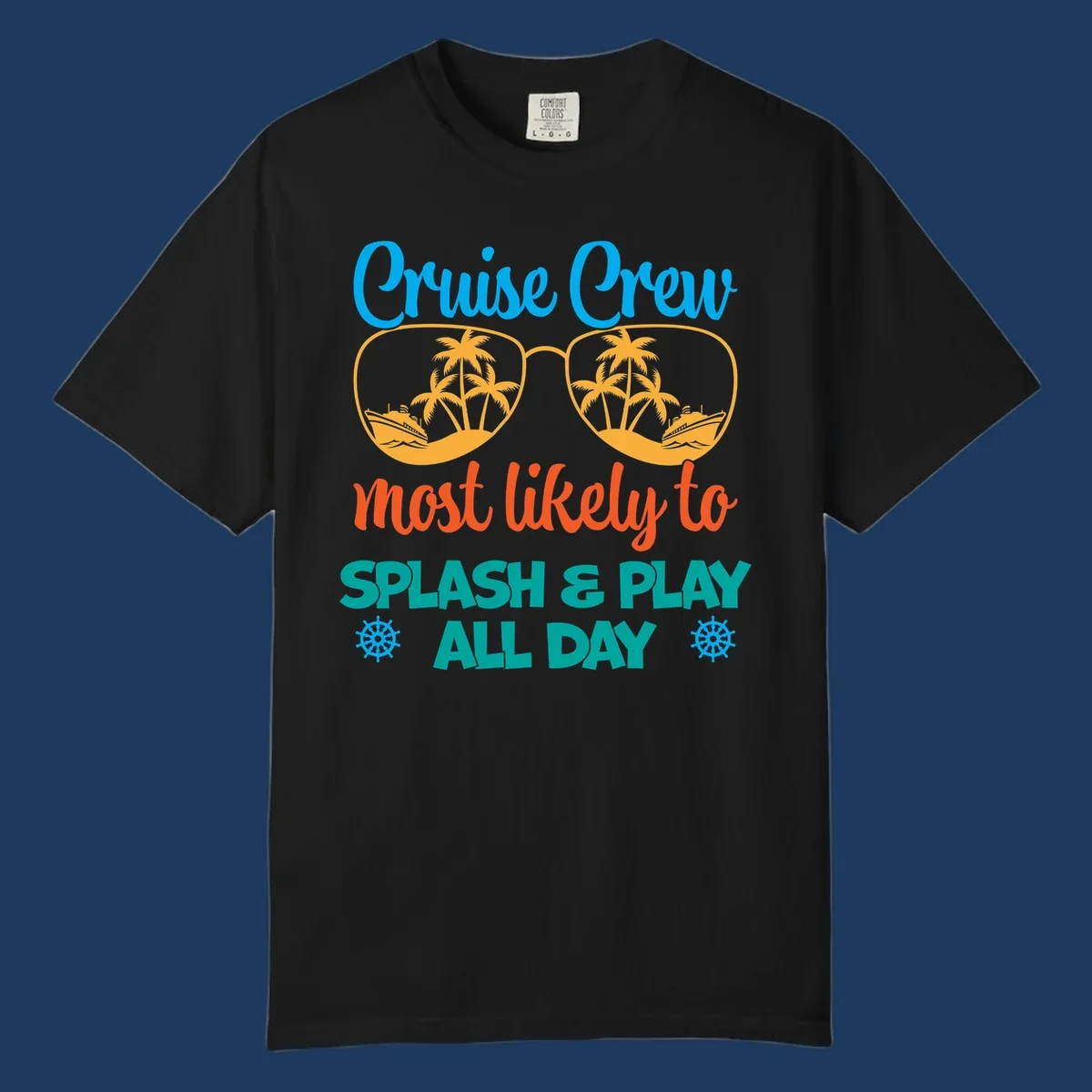 Cruise crew splash and play design: sunglasses with tropical islands and ships inside, playful text, ship wheels, colorful vacation theme