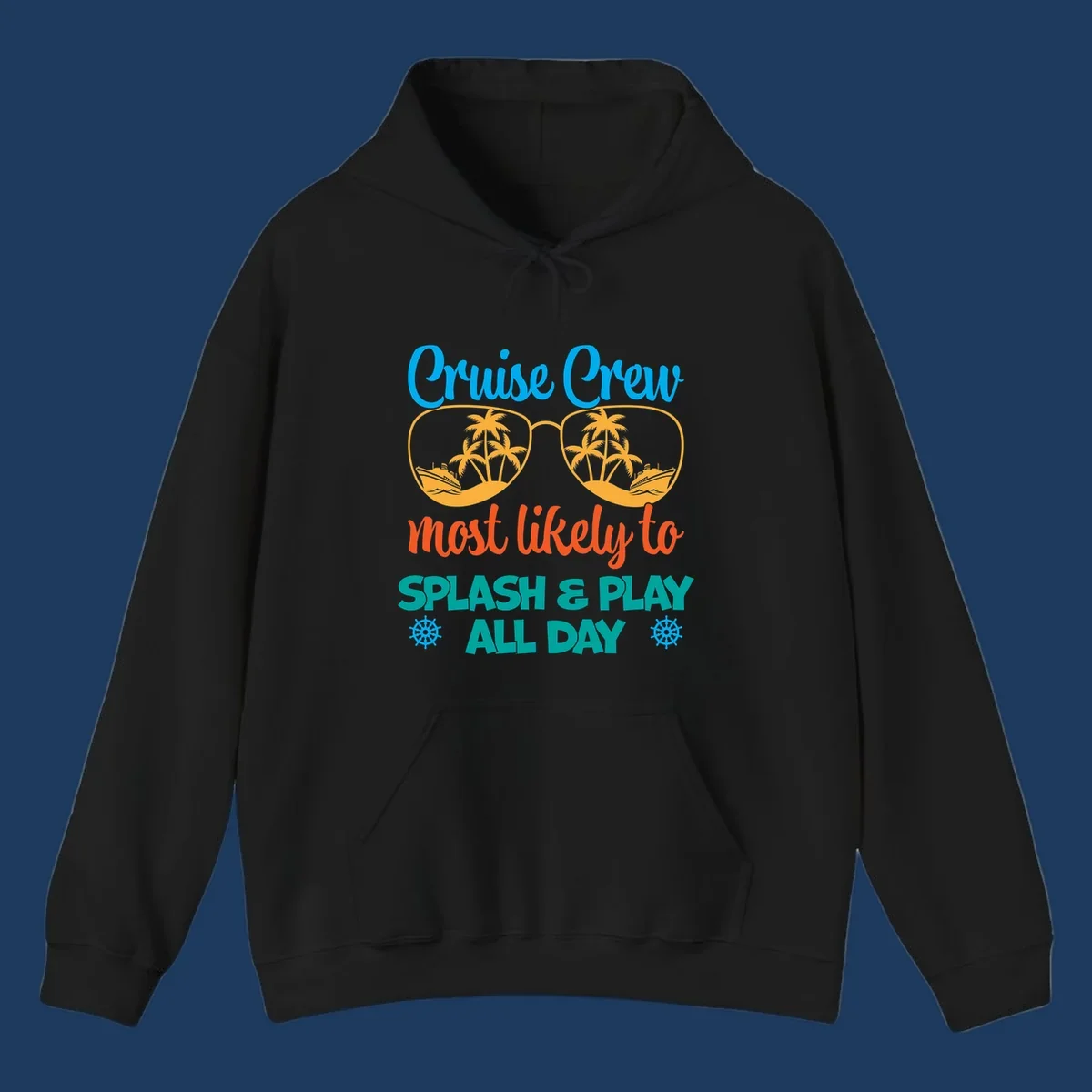 Cruise crew splash and play design: sunglasses with tropical islands and ships inside, playful text, ship wheels, colorful vacation theme