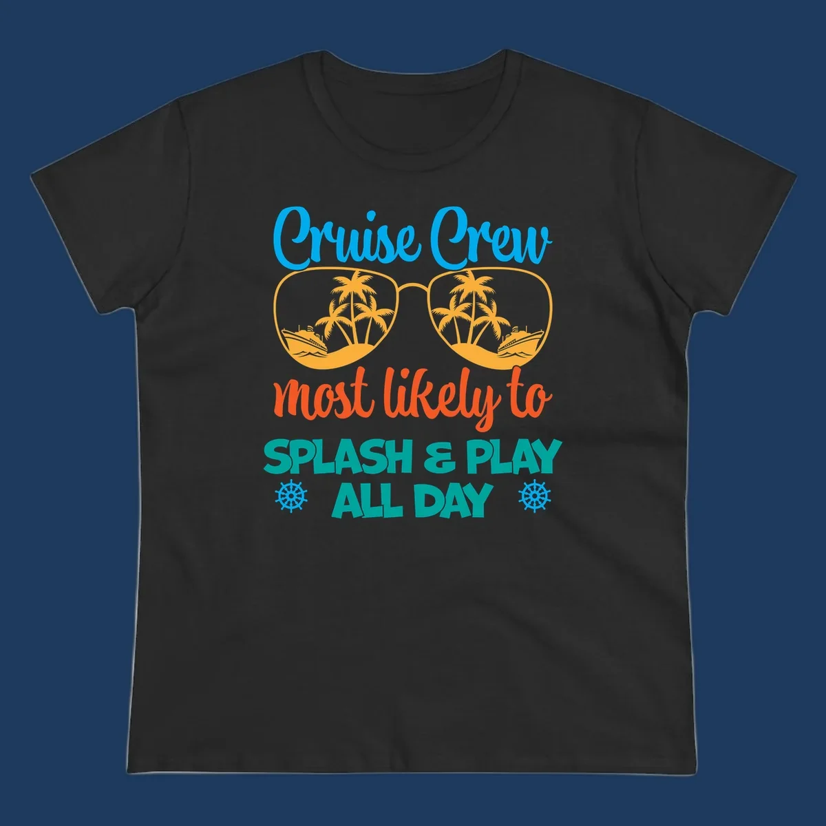 Cruise crew splash and play design: sunglasses with tropical islands and ships inside, playful text, ship wheels, colorful vacation theme