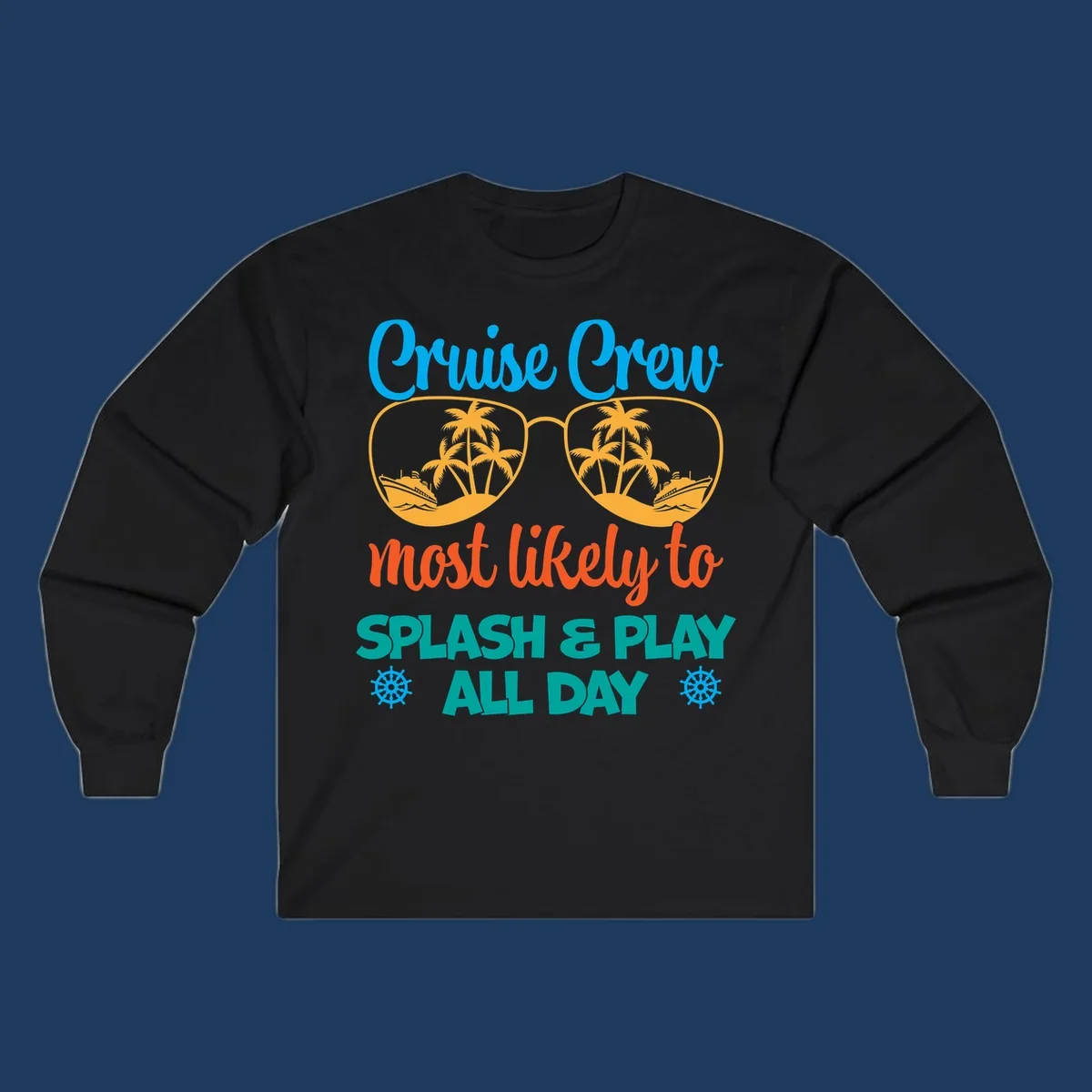 Cruise crew splash and play design: sunglasses with tropical islands and ships inside, playful text, ship wheels, colorful vacation theme