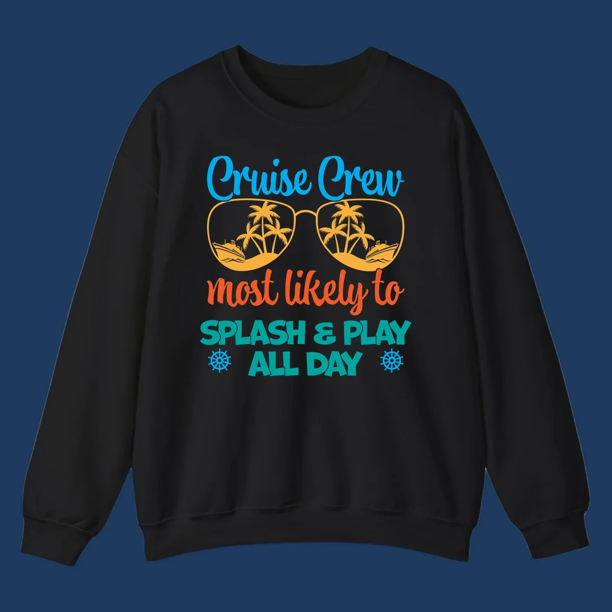 Cruise crew splash and play design: sunglasses with tropical islands and ships inside, playful text, ship wheels, colorful vacation theme