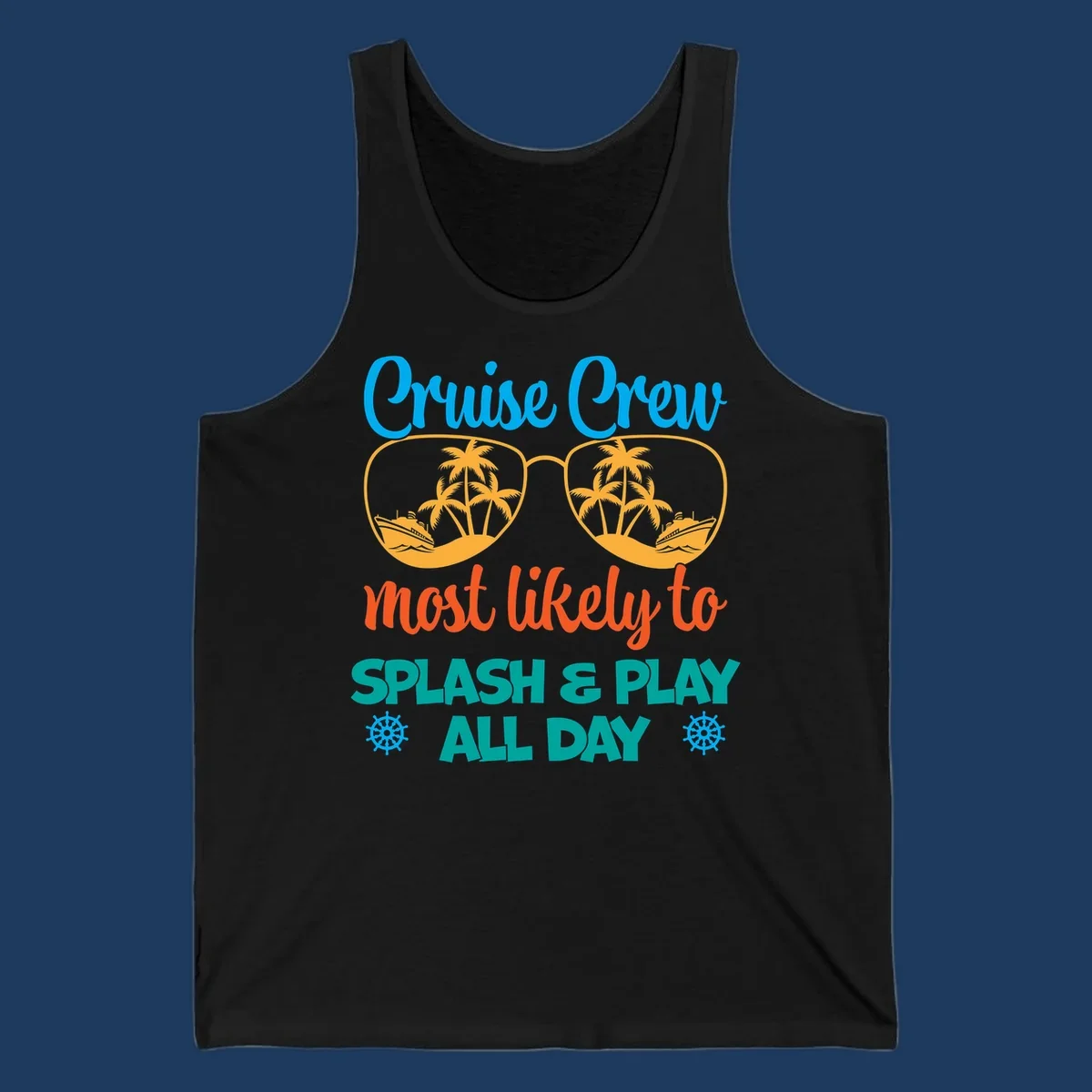 Cruise crew splash and play design: sunglasses with tropical islands and ships inside, playful text, ship wheels, colorful vacation theme