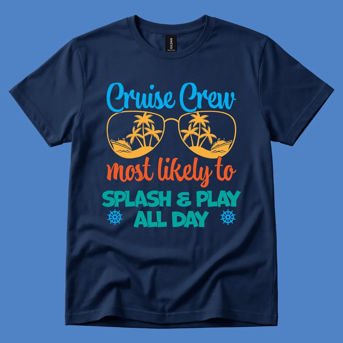 Cruise crew splash and play design: sunglasses with tropical islands and ships inside, playful text, ship wheels, colorful vacation theme