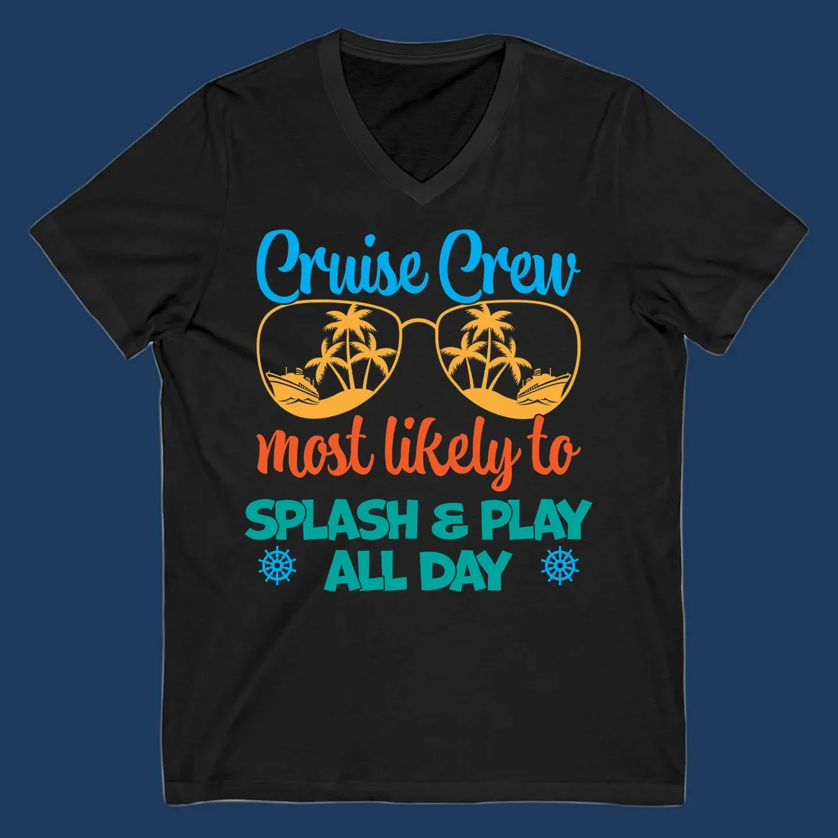 Cruise crew splash and play design: sunglasses with tropical islands and ships inside, playful text, ship wheels, colorful vacation theme